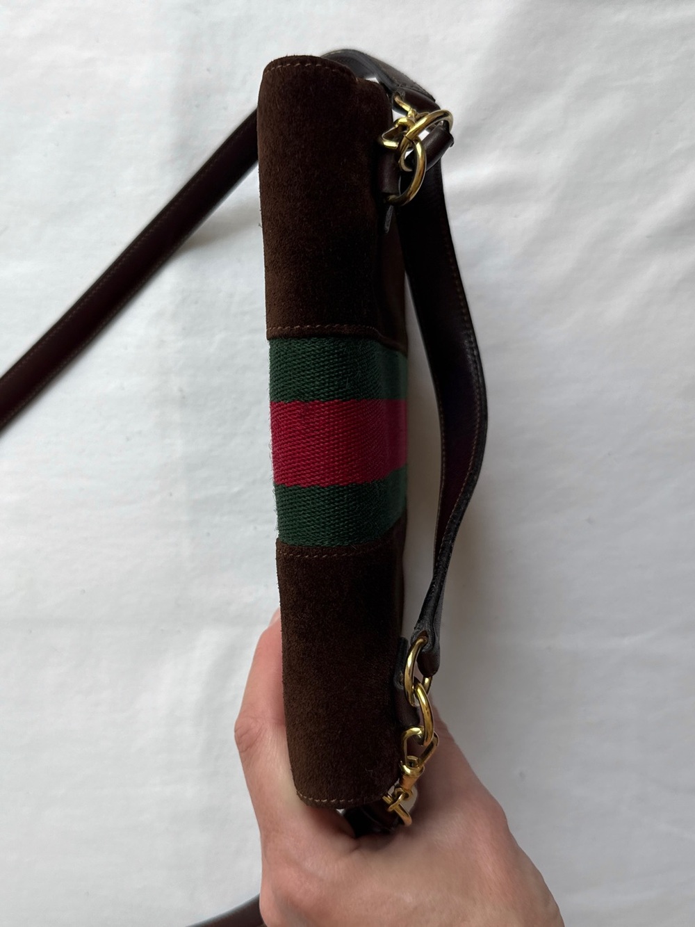Vintage 1970s Gucci Rare Brown Suede Web Stripe Bag Quiet Luxury Crossbody - Picture 8 of 15